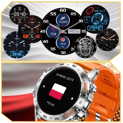 ZEGAREK SMARTWATCH SPORTOWY ROZMOWY MĘSKI DAMSKI POLSKIE MENU POMARAŃCZOWY SPORT