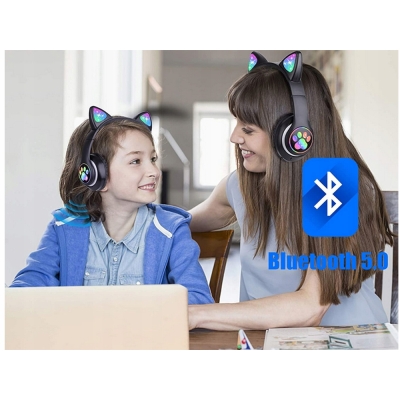 Słuchawki bezprzewodowe bluetooth radio fm mp3 kocie uszy podświetlenie led niebieskie