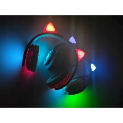 Słuchawki bezprzewodowe bluetooth radio fm mp3 kocie uszy podświetlenie led niebieskie