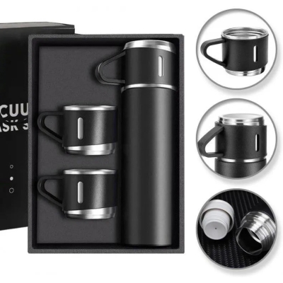 Zestaw termos z filiżankami elegancki i praktyczny 500ml czarny