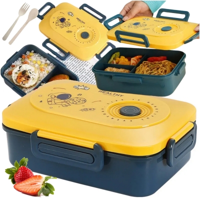 Zestaw Lunchbox śniadaniówka pojemnik na śniadanie obiad z przegródkami sztućce niebiesko-żółty