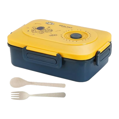 Zestaw Lunchbox śniadaniówka pojemnik na śniadanie obiad z przegródkami sztućce niebiesko-żółty