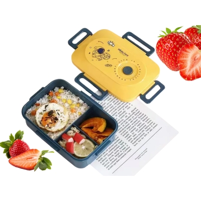 Zestaw Lunchbox śniadaniówka pojemnik na śniadanie obiad z przegródkami sztućce niebiesko-żółty