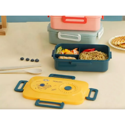 Zestaw Lunchbox śniadaniówka pojemnik na śniadanie obiad z przegródkami sztućce niebiesko-żółty