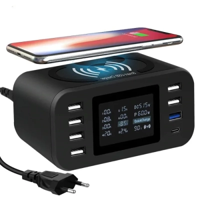 Stacja ładowania bezprzewodowego z 7 inteligentnymi portami USB i wyświetlaczem LED