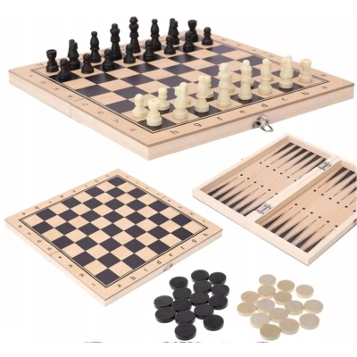 Szachy drewniane 3w1 – szachy, warcaby i tryktrak, 29 × 29 cm