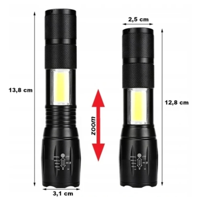 Latarka wojskowa LED taktyczna z zoomem i COB – USB