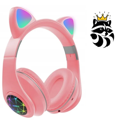 SŁUCHAWKI DLA DZIECI KOCIE USZY SKŁADANE BEZPRZEWODOWE BLUETOOTH 5.0 SD JACK LED RGB