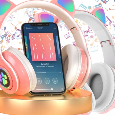 SŁUCHAWKI DLA DZIECI KOCIE USZY SKŁADANE BEZPRZEWODOWE BLUETOOTH 5.0 SD JACK LED RGB