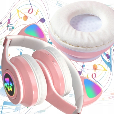 SŁUCHAWKI DLA DZIECI KOCIE USZY SKŁADANE BEZPRZEWODOWE BLUETOOTH 5.0 SD JACK LED RGB